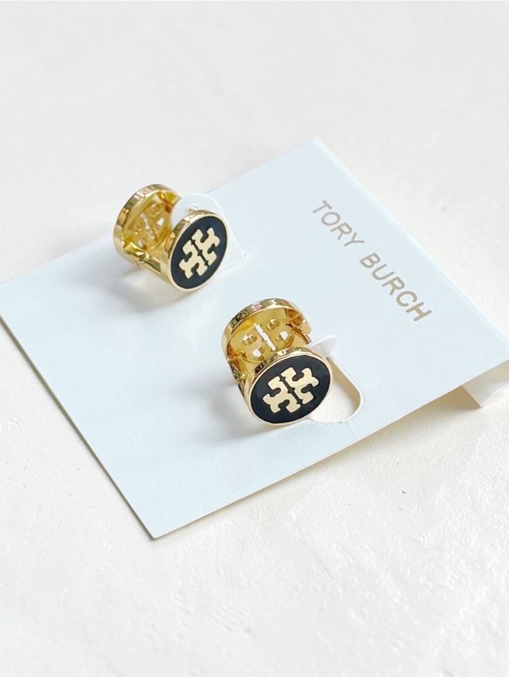 Tory Burch Gold and Black Logo Crystal Rim double sided Stud Earrings - Picture 2 of 4